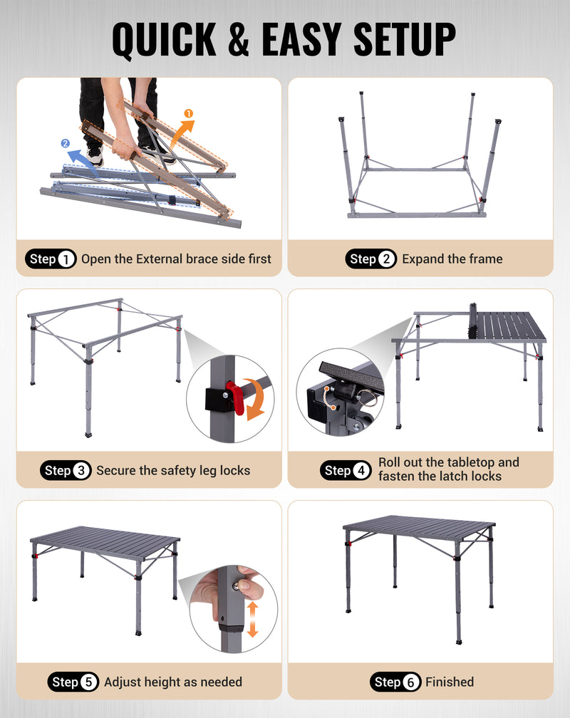 Load image into Gallery viewer, KingCamp Folding Aluminum Roll-Top Camping Table | 3 Adjustable Heights (23.6"-31.5"), Portable 4-6 Person Picnic Table with Carry Bag