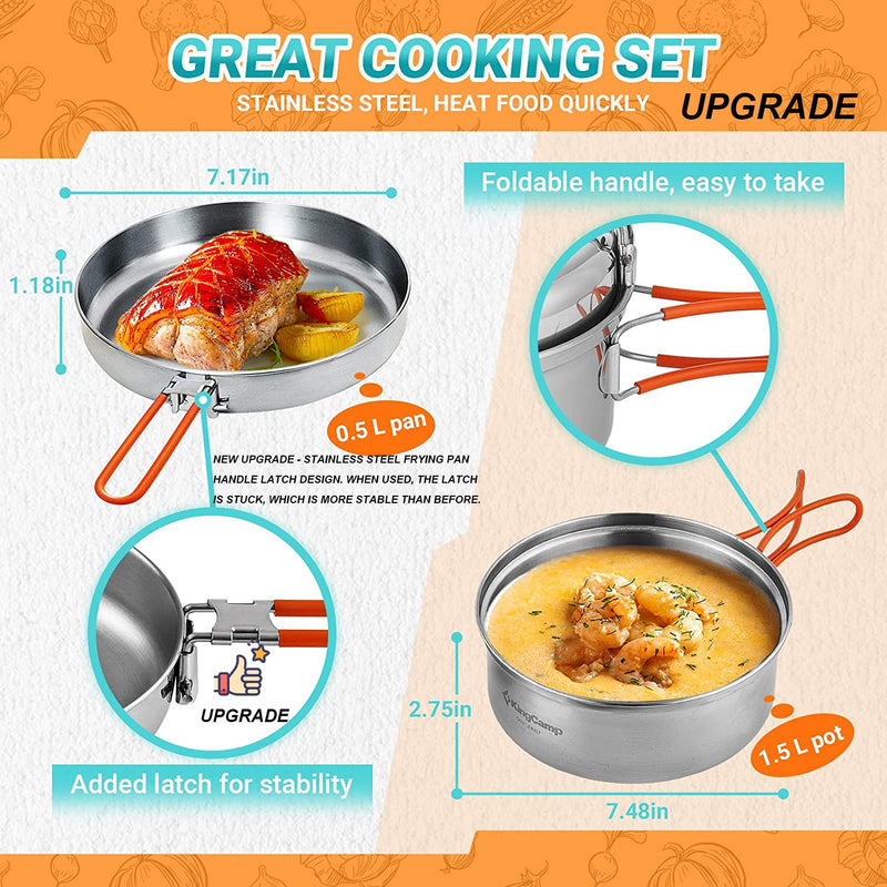 Cargue la imagen en el visor de la galería, KingCamp ADVENTURER Ⅰ Juego de ollas de camping de acero inoxidable para 2 personas + juego de cubiertos