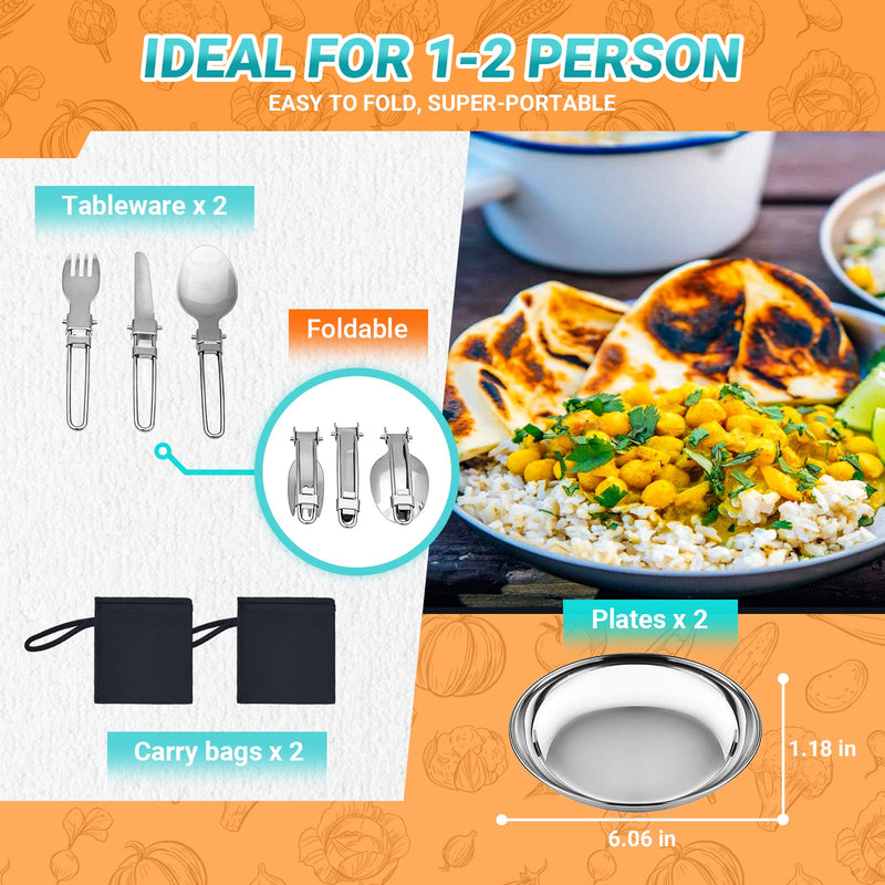 Cargue la imagen en el visor de la galería, KingCamp ADVENTURER Ⅰ Juego de ollas de camping de acero inoxidable para 2 personas + juego de cubiertos