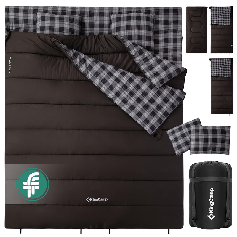 Load image into Gallery viewer, KingCamp Trippy C 450D 3-in-1 Double Sleeping Bag, 32°F Comfort Flannel-Lined 2-Person Camping Bag with Blanket & 2 Pillows