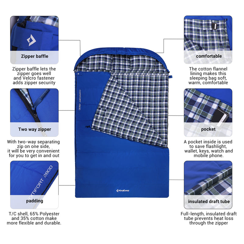 Load image into Gallery viewer, KingCamp COMFORT 280D Hooded Rectangular Sleeping Bag