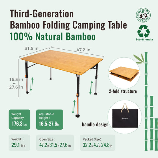 KingCamp Folding Bamboo Table KingCamp Folding Bamboo Table with Adjustable Legs, Portable Leveling Outdoor Camping & Picnic Table