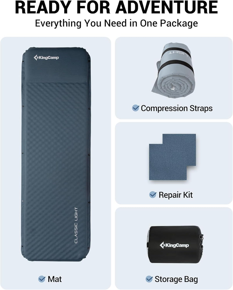 Load image into Gallery viewer, KingCamp Classic Light Self-Inflating Sleeping Pad – 2in Thick, Built-in Pillow, Compact for Backpacking & Camping