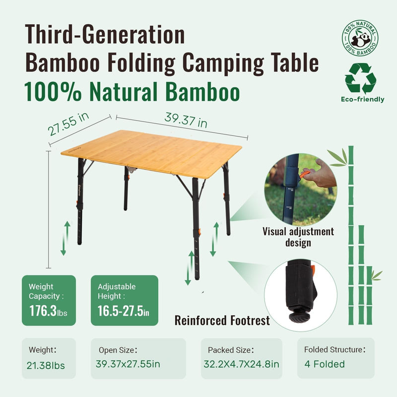 Load image into Gallery viewer, KingCamp BAMBOO Folding Bamboo Table Third-Generation Camping Table Portable Bamboo Camping Table with Adjustable Leveling Legs