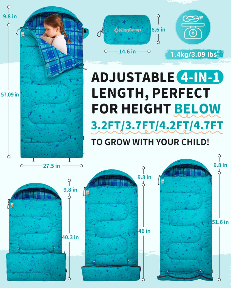 Load image into Gallery viewer, KingCamp Galaxy Zoo Kids Sleeping Bag - Adjustable Length 3-in-1 Hooded Sleeping Bag for Camping, Ages 3-10 (up to 4'7" Tall)
