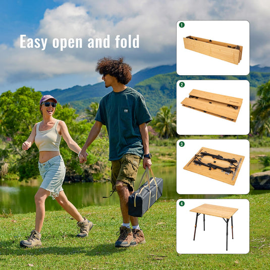 KingCamp BAMBOO 4-Folded Bamboo Table Portable Bamboo Camping Table with Adjustable Leveling Legs