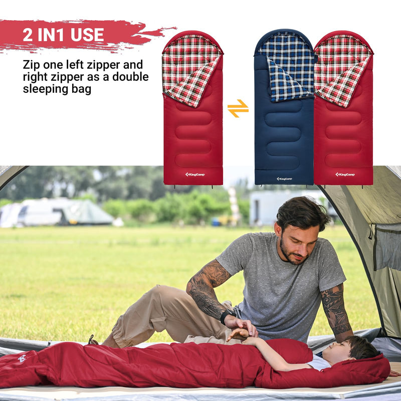 Load image into Gallery viewer, KingCamp CLOUDY 300S Kids Sleeping Bag-Envelope With Hood Red 2 in 1 Use