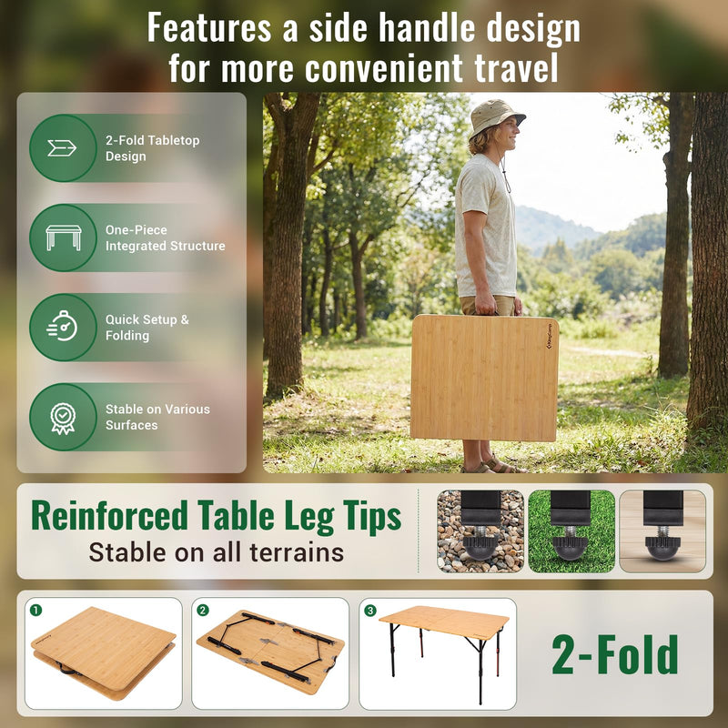 Load image into Gallery viewer, KingCamp BamAura 2Fold Plus | Large Bamboo Folding Table with Height-Adjustable Legs for Camping, Patio & Tailgating, 265 lb Capacity