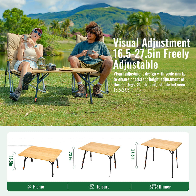 Load image into Gallery viewer, KingCamp Folding Bamboo Table Freely Adjustable Adjustable Leg Camping Table | Portable Bamboo Folding Table Stays Stable on Any Ground
