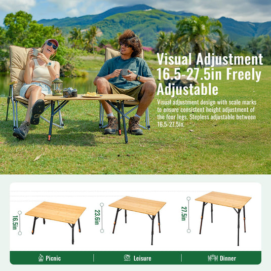 KingCamp All-Terrain Bamboo Camping Table with Adjustable Feet for Stability on Uneven Surfaces