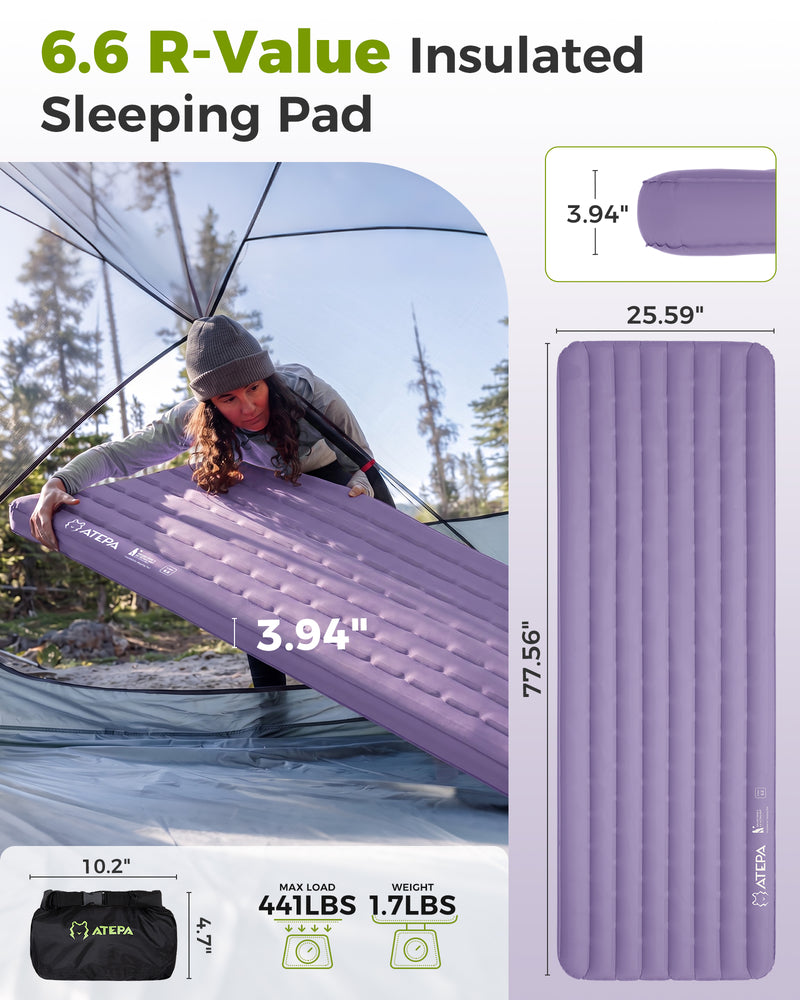 Load image into Gallery viewer, ATEPA Ultralight Insulated Inflatable Sleeping Pad R Value 6.6 Purple