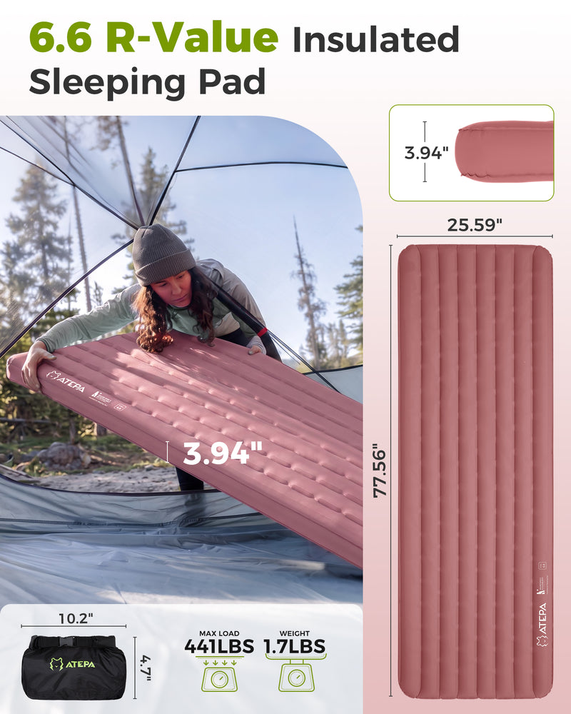 Load image into Gallery viewer, ATEPA Ultralight Insulated Inflatable Sleeping Pad R Value 6.6 Pink