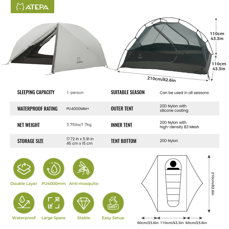 Load image into Gallery viewer, ATEPA 4-Season Solo Backpacking Tent with Mesh Inner for Hiking, Bikepacking & Motorcycle Camping