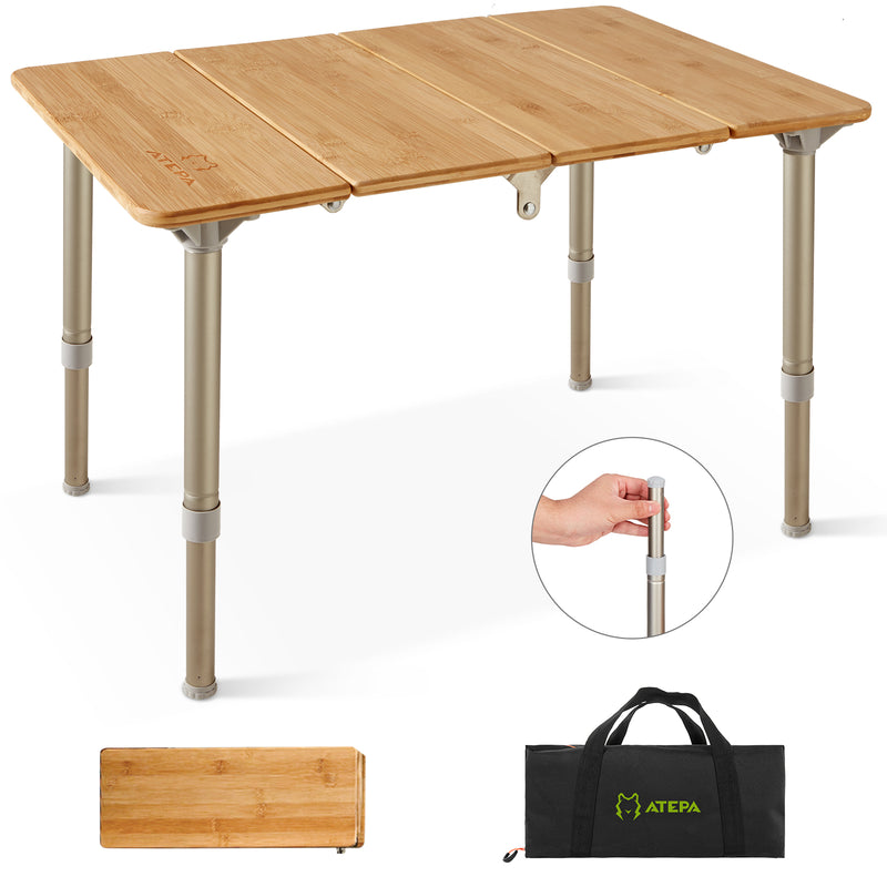 Laden Sie das Bild in Galerie -Viewer, ATEPA BAMBOO 6040 Adjustable Height Bamboo Camping Table, Portable Folding Low Table with Aluminum Legs, 66 lbs Capacity & Carry Bag
