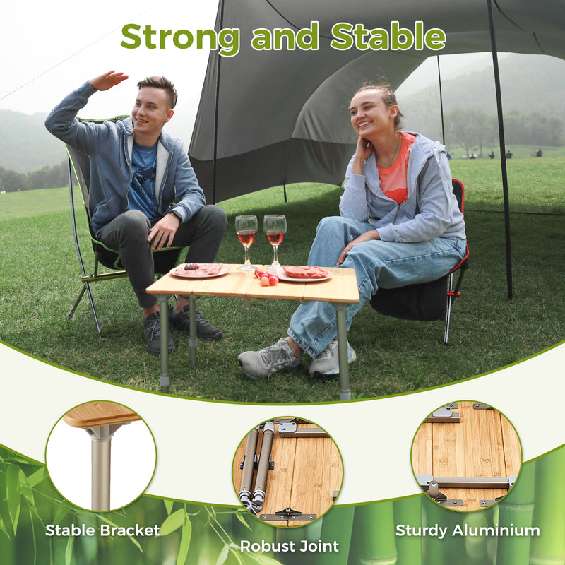 Laden Sie das Bild in Galerie -Viewer, ATEPA BAMBOO 6040 Adjustable Height Bamboo Camping Table, Portable Folding Low Table with Aluminum Legs, 66 lbs Capacity & Carry Bag
