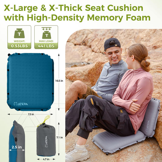 ATEPA Inflatable Seat Cushion Lightweight Self-Inflating Memory Foam Seat Cushion for Stadium Camping, Bleachers, Airplane Travel, Waterproof Portable Seat Cushion Chair Pad