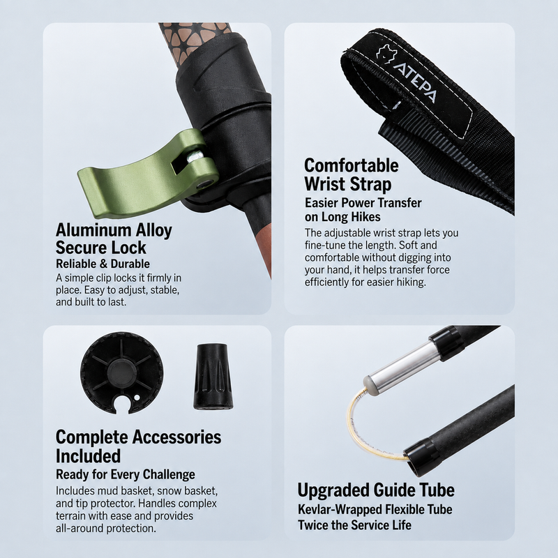 Laden Sie das Bild in Galerie -Viewer, ATEPA FLYTREK Z1 Carbon Fiber Trekking Pole, 5-Section Folding Hiking Pole, 45.3-53.1" Adjustable, Cork EVA Grip, 8.1 oz, 15"