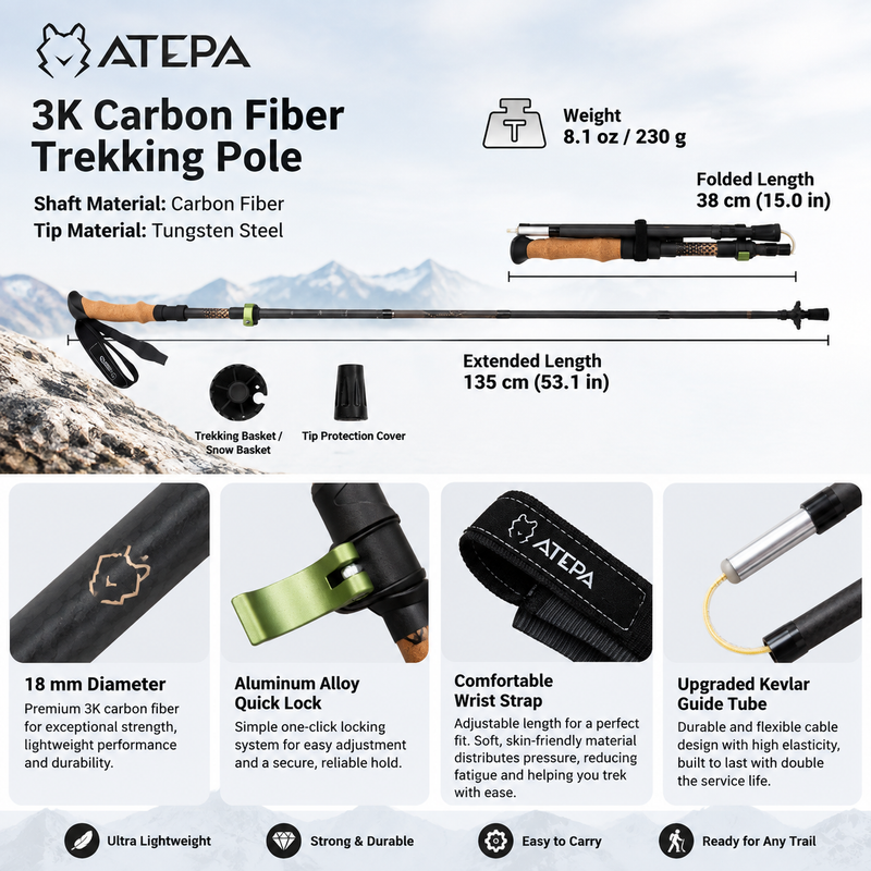 Laden Sie das Bild in Galerie -Viewer, ATEPA FLYTREK Z1 Carbon Fiber Trekking Pole, 5-Section Folding Hiking Pole, 45.3-53.1" Adjustable, Cork EVA Grip, 8.1 oz, 15"