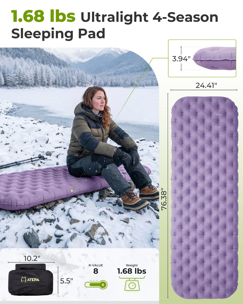 Load image into Gallery viewer, ATEPA GridX 8 Ultralight Insulated Sleeping Pad – R‑Value 8, 4‑Season Mat for Winter & Backpacking Purple