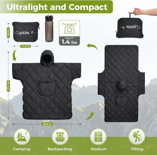 ATEPA MURANO 350 Honcho Poncho Water-resisitant Blanket Cloak Cape with Hat Black