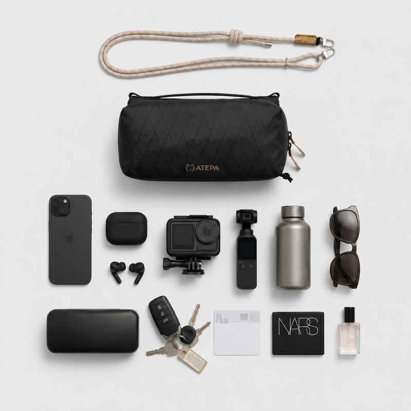 Laden Sie das Bild in Galerie -Viewer, ATEPA Rugged Mini Trail Sling Bag, 210D Ripstop Nylon Crossbody Pouch with Rope Strap, Dual Compartments & Bungee Storage Obsidian Black