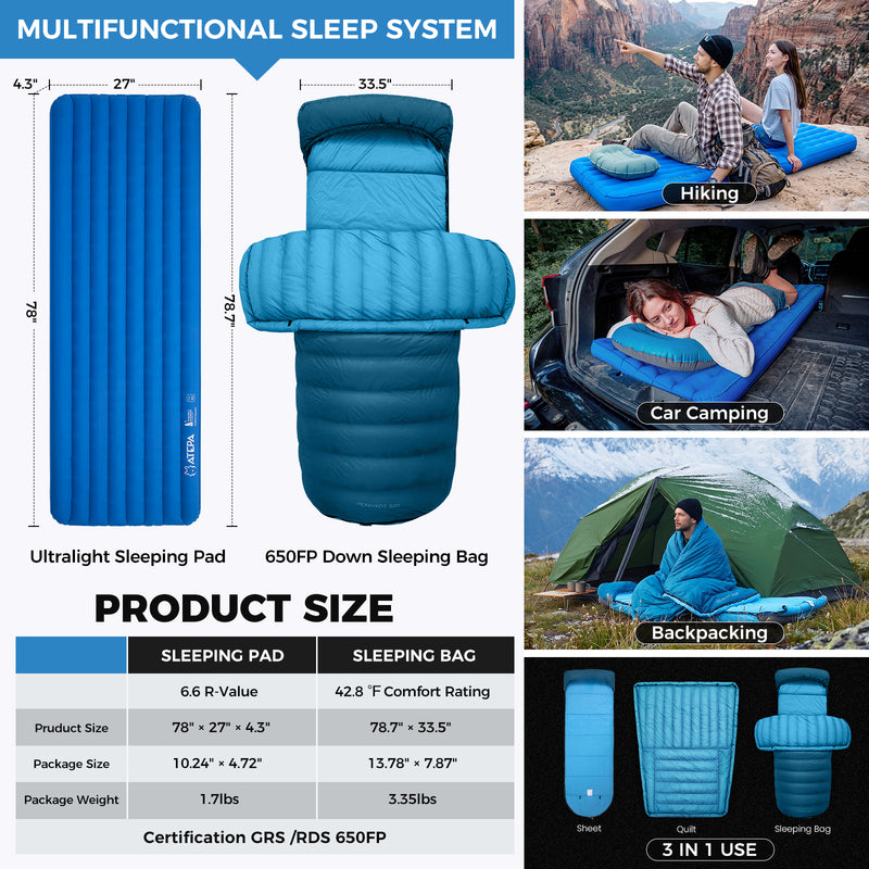 Laden Sie das Bild in Galerie -Viewer, ATEPA Ultralight 4-Season Backpacking Sleep System | 700FP Down Sleeping Bag & R-Value 6.6 Sleeping Pad