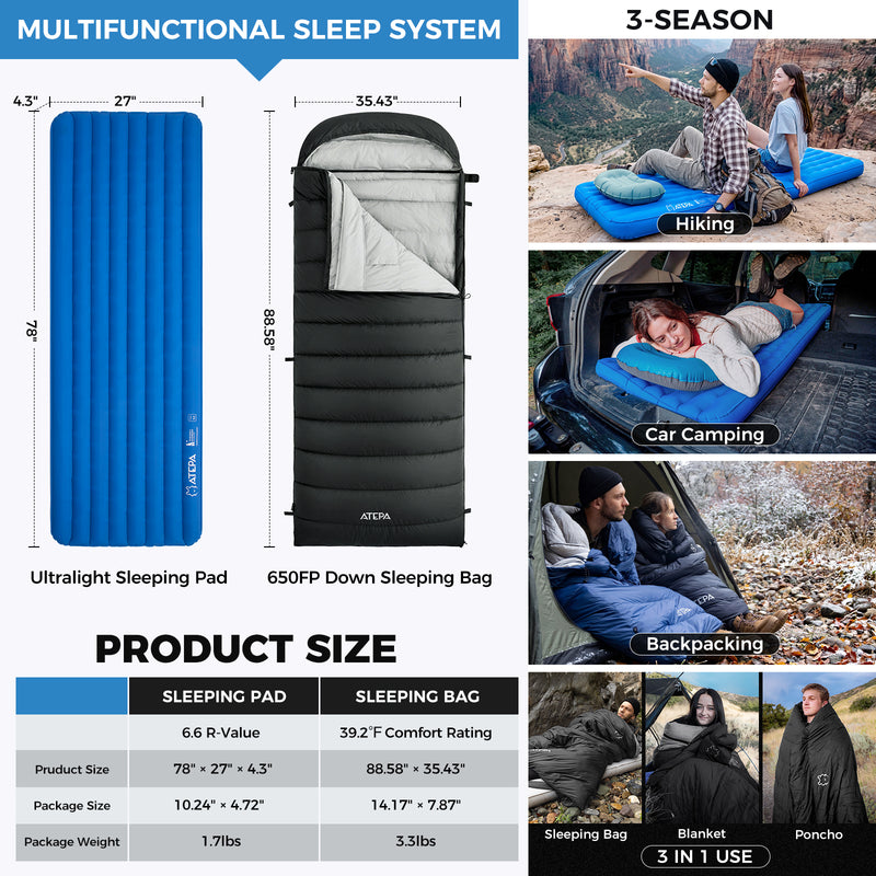 Load image into Gallery viewer, ATEPA Winter Backpacking Sleep Kit, 600g Down Sleeping Bag & 4-Season Insulated Camping Pad