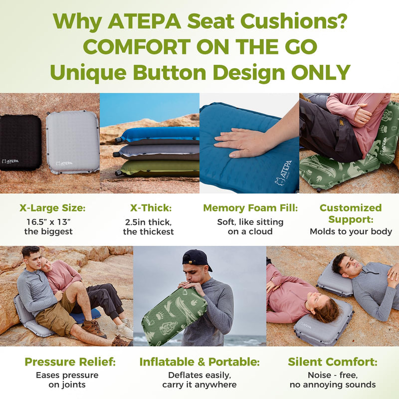 Load image into Gallery viewer, ATEPA Self-Inflating Stadium Seat Cushion - 2.5" Thick Memory Foam Pad for Bleachers, Airplane Travel, Sports & Office Chairs