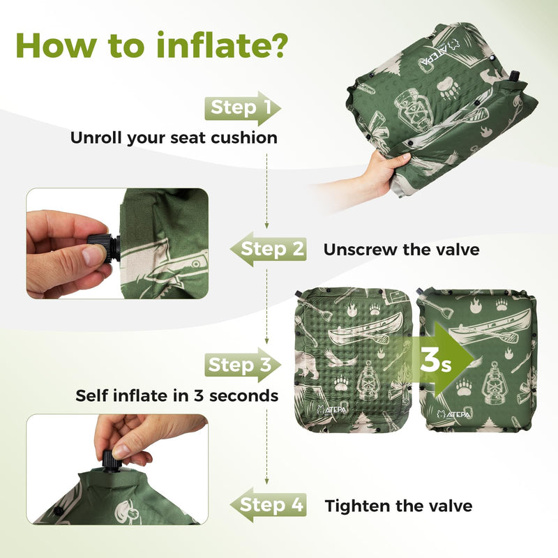 Load image into Gallery viewer, ATEPA Inflatable Stadium Seat Cushion, Self-Inflating Memory Foam Stadium Seats Bleacher Seat Chair Cushion Pad for Airplane Travel Backpacking Sports Events