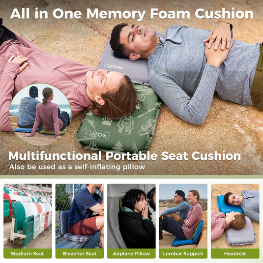 ATEPA Inflatable Stadium Seat Cushion, Self-Inflating Memory Foam Stadium Seats Bleacher Seat Chair Cushion Pad for Airplane Travel Backpacking Sports Events