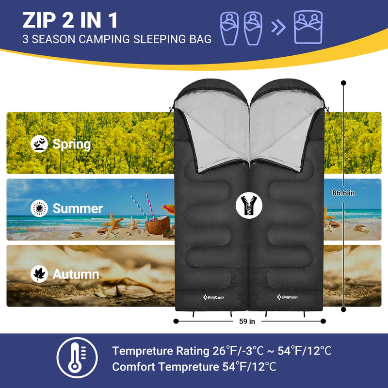 Load image into Gallery viewer, KingCamp Oasis 250 Sleeping Bag-Envelope With Hood 3 Season Camping Sleeping Bag