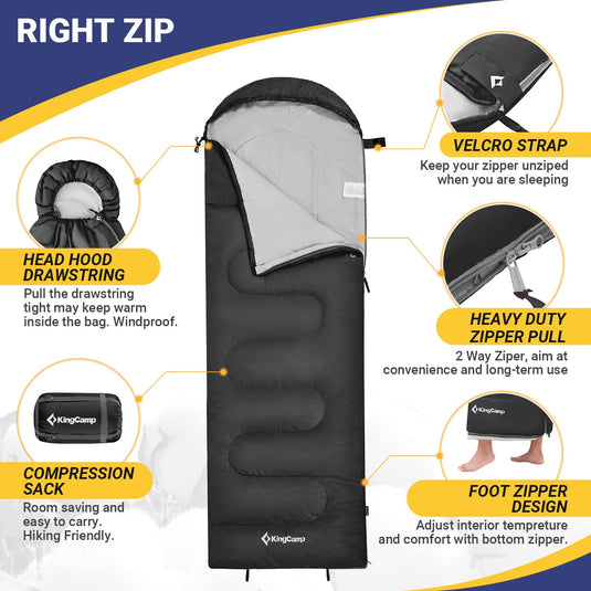 KingCamp Oasis 250 Sleeping Bag-Envelope With Hood 3 Season Camping Sleeping Bag