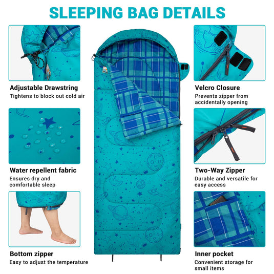KingCamp Galaxy Zoo C 300 Kids' Hooded Sleeping Bag with Adjustable Drawstring