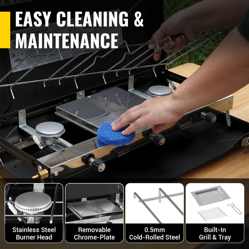 Load image into Gallery viewer, FINEFLAME Portable 3-Burner Camping Stove | 20,400 BTU High-Power Propane Stove with Integrated Wind Deflectors, Removable Griddle, Manual Ignition for Outdoor Cooking, Tailgating & RV