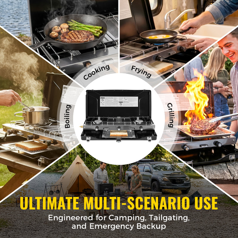 Load image into Gallery viewer, FINEFLAME Portable 3-Burner Camping Stove | 20,400 BTU High-Power Propane Stove with Integrated Wind Deflectors, Removable Griddle, Manual Ignition for Outdoor Cooking, Tailgating & RV