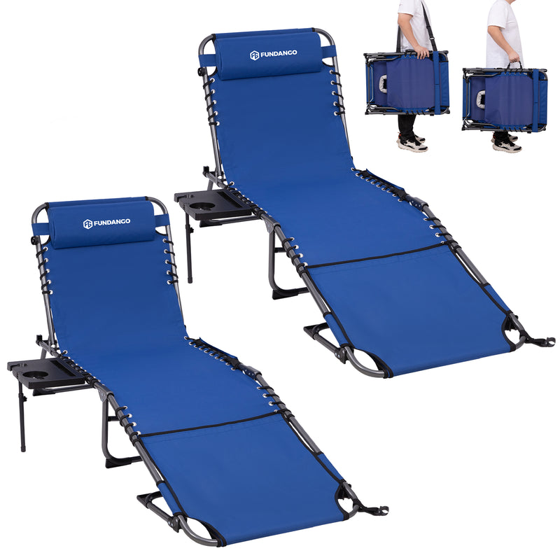 Load image into Gallery viewer, FUNDANGO 4-in-1 Chaise Lounge Chair with Face Hole & Canopy Shade 400lbs Capacity Beach Chaise Lounge with Side Table, 5-Position Adjustable Sun Lounger for Pool, Patio, Lawn & Sunbathing Blue 2pack