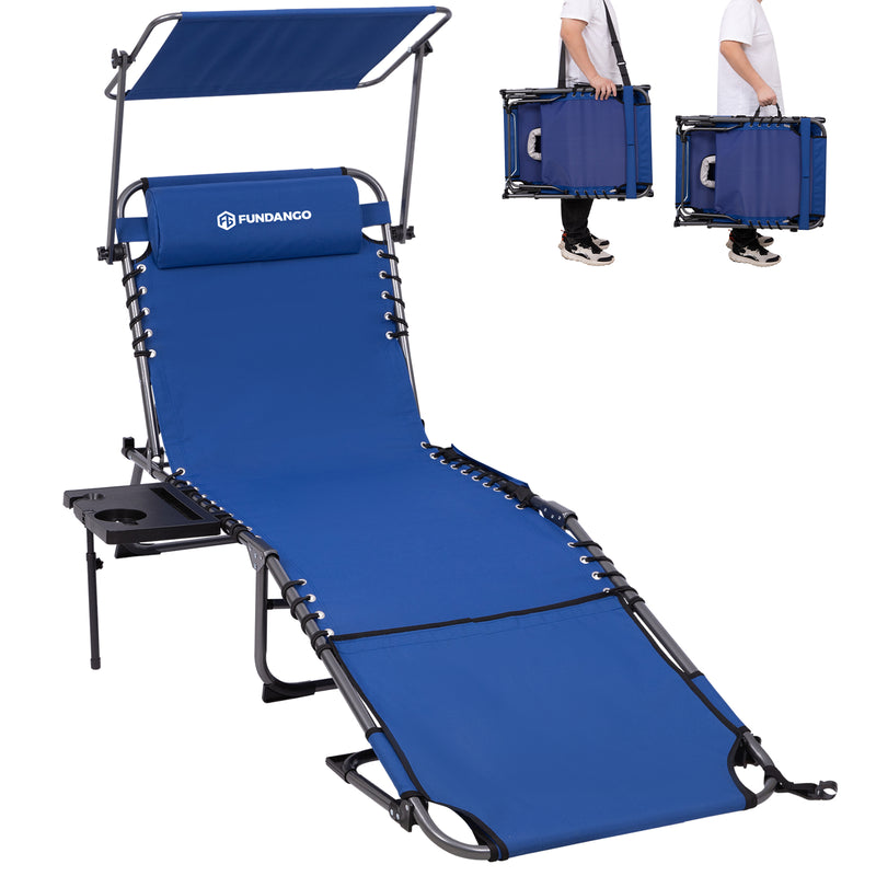 Load image into Gallery viewer, FUNDANGO 4-in-1 Chaise Lounge Chair with Face Hole & Canopy Shade 400lbs Capacity Beach Chaise Lounge with Side Table, 5-Position Adjustable Sun Lounger for Pool, Patio, Lawn & Sunbathing Blue
