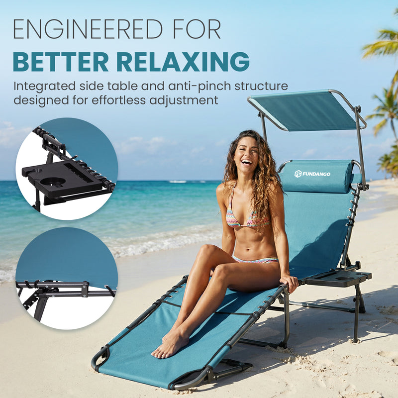 Load image into Gallery viewer, FUNDANGO 4-in-1 Tanning Lounge Chair with Face Hole & Canopy Shade 400lbs Capacity Beach Chaise Lounge with Side Table, 5-Position Adjustable Sun Lounger for Pool, Patio, Lawn & Sunbathing