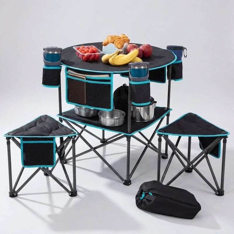 Load image into Gallery viewer, FUNDANGO Camping Bundle: Double-Deck Table + 2 Heavy Duty Tripod Stools, Portable Outdoor Dining & Seating Set for Beach Tailgate Picnic
