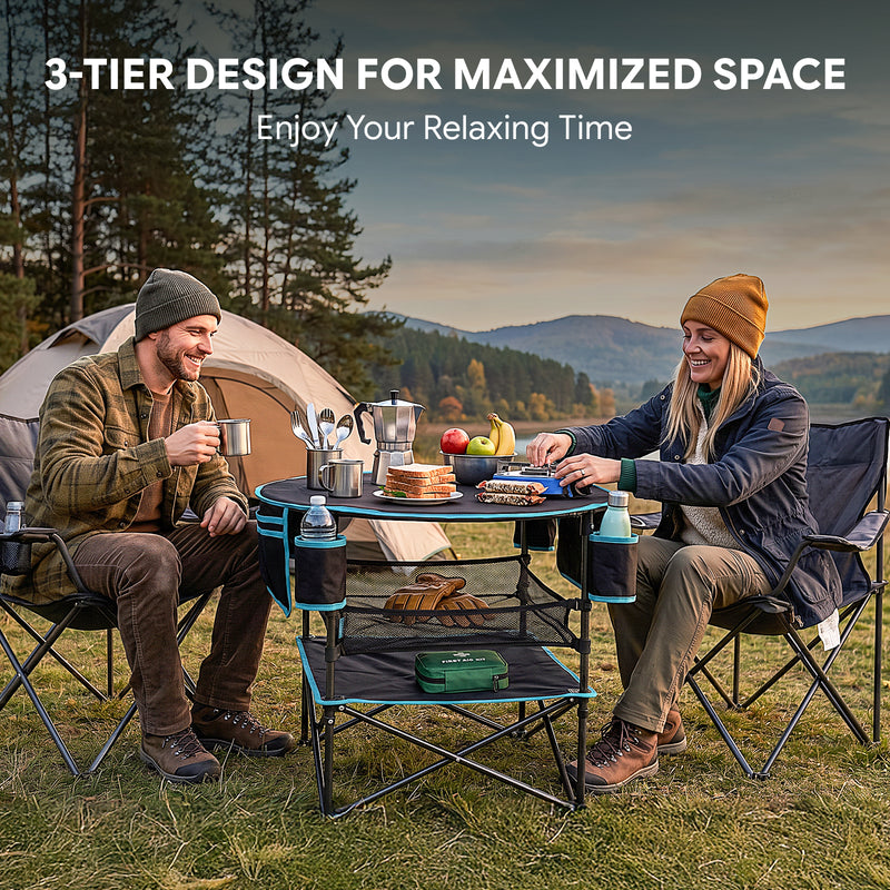 Load image into Gallery viewer, FUNDANGO EasyCamp D70 Folding Camping Table, Portable Outdoor Table with 4 Cup Holders, Storage Pockets & Lower Mesh Shelf