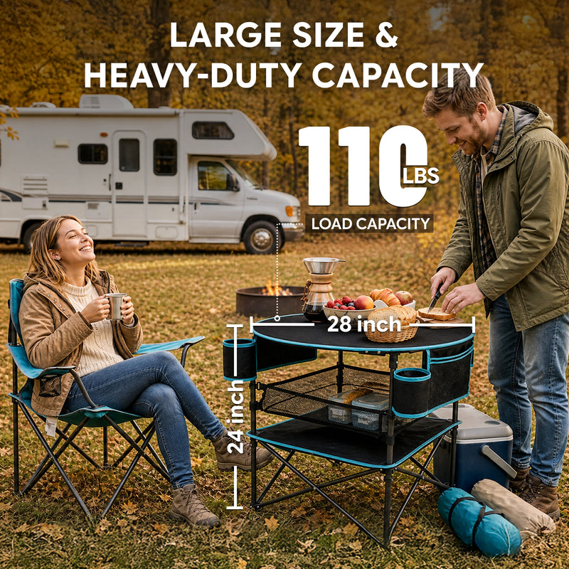 Load image into Gallery viewer, FUNDANGO EasyCamp D70 Folding Camping Table, Portable Outdoor Table with 4 Cup Holders, Storage Pockets & Lower Mesh Shelf Black