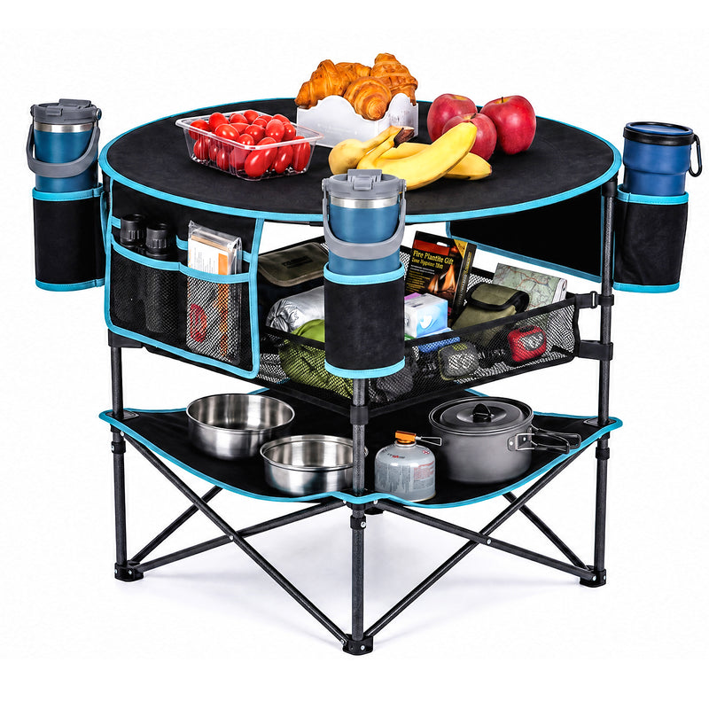 Load image into Gallery viewer, FUNDANGO EasyCamp D70 Folding Camping Table, Portable Outdoor Table with 4 Cup Holders, Storage Pockets & Lower Mesh Shelf