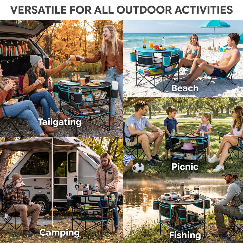 Load image into Gallery viewer, FUNDANGO EasyCamp D70 Folding Camping Table, Portable Outdoor Table with 4 Cup Holders, Storage Pockets & Lower Mesh Shelf Black