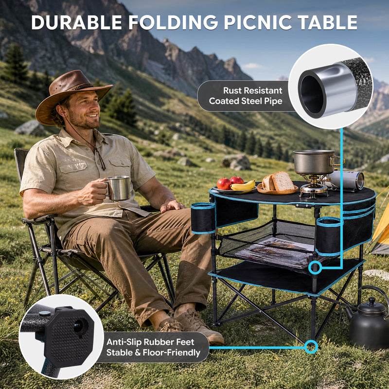 Load image into Gallery viewer, FUNDANGO EasyCamp D70 Folding Camping Table, Portable Outdoor Table with 4 Cup Holders, Storage Pockets & Lower Mesh Shelf Black