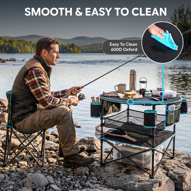 Load image into Gallery viewer, FUNDANGO EasyCamp D70 Folding Camping Table, Portable Outdoor Table with 4 Cup Holders, Storage Pockets & Lower Mesh Shelf Black