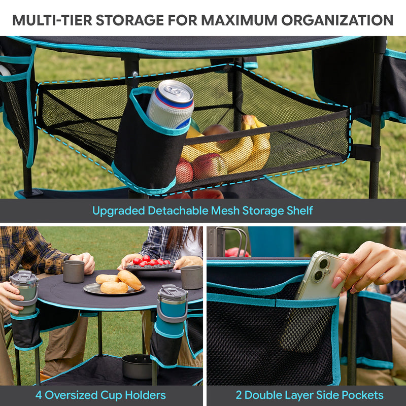 Load image into Gallery viewer, FUNDANGO EasyCamp D70 Folding Camping Table, Portable Outdoor Table with 4 Cup Holders, Storage Pockets & Lower Mesh Shelf Black
