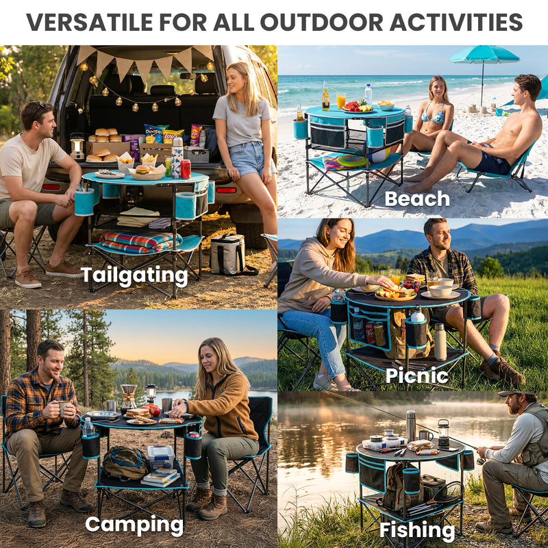 Load image into Gallery viewer, FUNDANGO EasyCamp D70 Folding Camping Table, Portable Outdoor Table with 4 Cup Holders, Storage Pockets & Lower Mesh Shelf Blue