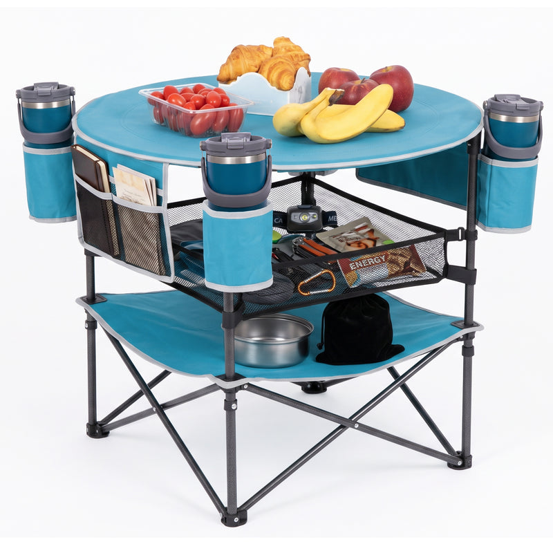 Load image into Gallery viewer, FUNDANGO EasyCamp D70 Folding Camping Table, Portable Outdoor Table with 4 Cup Holders, Storage Pockets & Lower Mesh Shelf Blue
