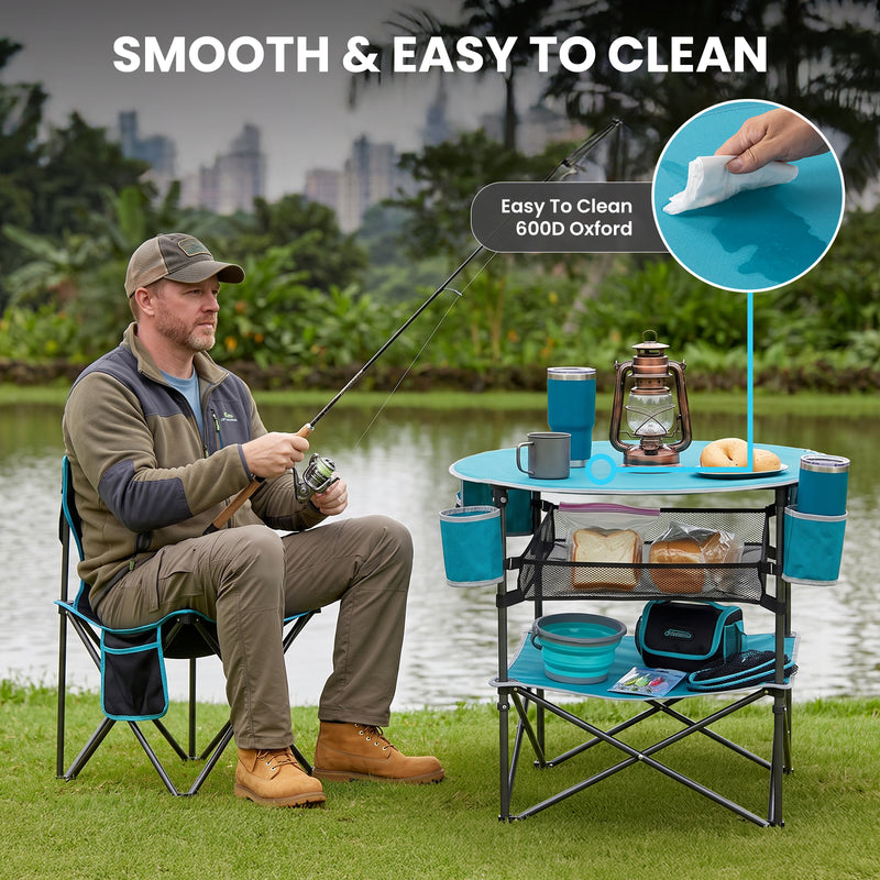 Load image into Gallery viewer, FUNDANGO EasyCamp D70 Folding Camping Table, Portable Outdoor Table with 4 Cup Holders, Storage Pockets & Lower Mesh Shelf Blue