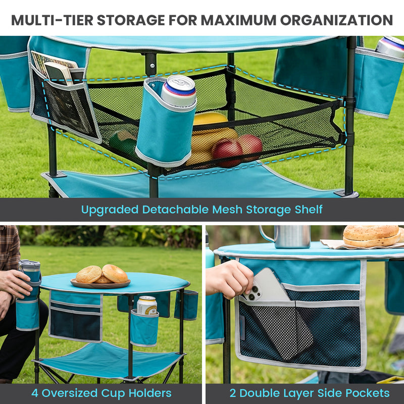Load image into Gallery viewer, FUNDANGO EasyCamp D70 Folding Camping Table, Portable Outdoor Table with 4 Cup Holders, Storage Pockets & Lower Mesh Shelf Blue